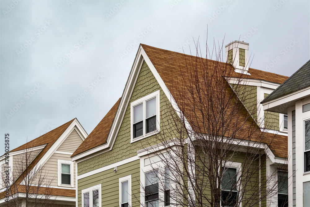 Newly built single-family house with traditional design on a winter day, Boston, MA, USA