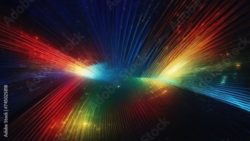 Asymmetric green light burst, abstract beautiful rays of lights on dark blue background with the color of blue and red, golden blue sparkling backdrop with copy space.