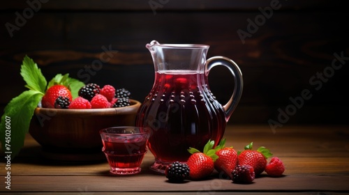 Juice of ripe raspberries and strawberries on a dark background. A refreshing soft drink, lemonade or smoothie in a glass.A healthy organic drink. Proper nutrition and diet. photo