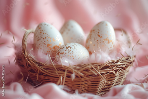 gold decorated white Easter eggs in wicker basket close-up on pink background. Easter card