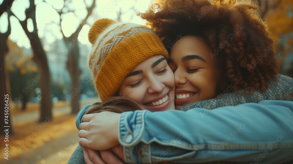 Obraz premium Autumn friendship: joyful embrace between diverse women in a park, expressing warmth and happiness surrounded by fall foliage.