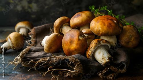 Mushrooms on a dark background are used in cooking.