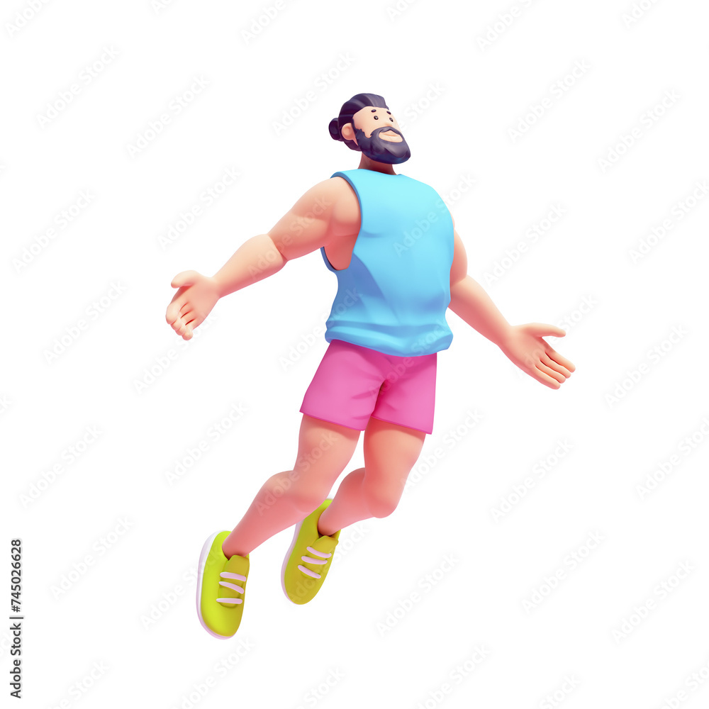 Full length of a young cute smiling bearded brunette man wears pink shorts, blue tank top, green sneakers in soaring pose with arms raised like wings, fun, playful mood. 3d render isolated transparent Full length of a young cute smiling bearded brunette man wears pink shorts, blue tank top, green sneakers in soaring pose with arms raised like wings, fun, playful mood. 3d render isolated transparent