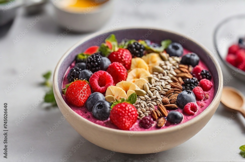 Smoothie bowl with fresh berries, fruits, green, seeds and coconut cream for healthy vegan vegetarian diet breakfast. AI generated