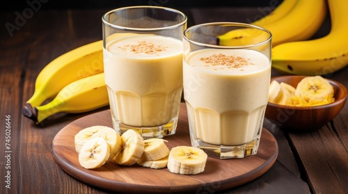 A smoothie made from a ripe banana on a table background. A refreshing refreshing drink, a delicious snack and breakfast. A healthy organic drink. Proper nutrition and diet.