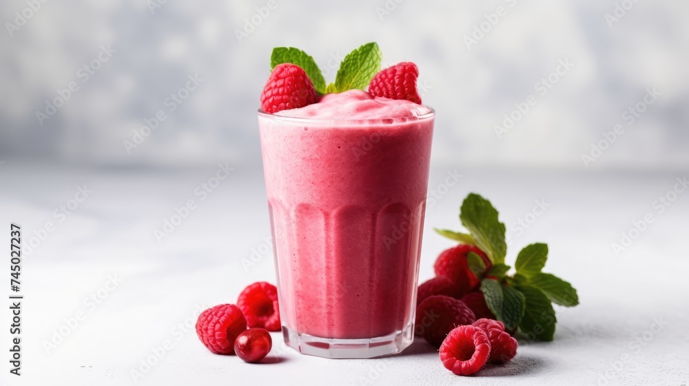 Smoothie in a glass of ripe raspberries on a light background. A refreshing refreshing drink, a delicious snack and breakfast. A healthy organic drink. Proper nutrition and diet. Smoothie in a glass of ripe raspberries on a light background. A refreshing refreshing drink, a delicious snack and breakfast. A healthy organic drink. Proper nutrition and diet.
