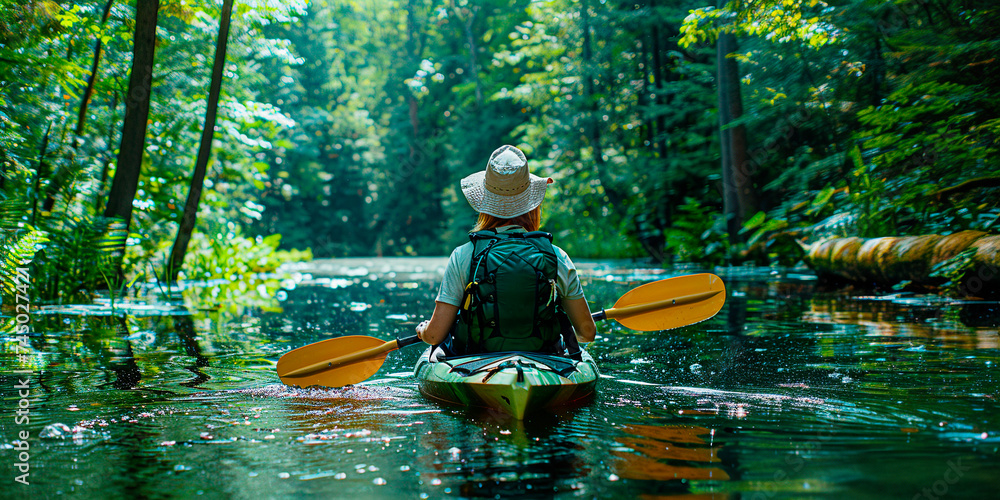 Woman kayaking down a river in the jungle Woman kayaking down a river in the jungle