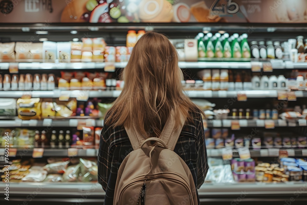 Woman turns her back to shopping food in supermarket
