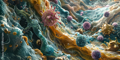 A microscopic landscape of the digestive tract teeming with bacteria of various shapes and sizes photo