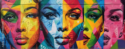 A mural of iconic pop art faces each a burst of psychedelic colors adorning an urban alley