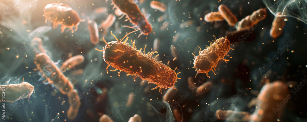 The dynamic environment of the digestive tract with bacteria in motion captured in high definition - obrazy, fototapety, plakaty 