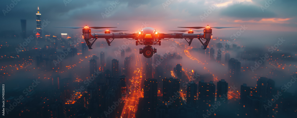 Wings of technology A Garuda-inspired drone hovers in a neon-lit sky capturing tomorrows cities - obrazy, fototapety, plakaty 