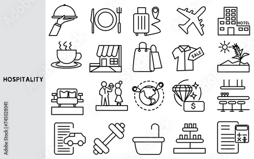 The hospitality and tourism industry .This industry sector includes: Hotels and Restaurant and Catering,Set of line icons for business ,Outline symbol collection.,Vector illustration. Editable stroke