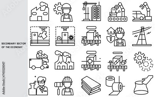 Secondary sector of the economy , Intermediate production, textile, automobile, and handicrafts, ,Set of line icons for business ,Outline symbol collection.,Vector illustration. Editable stroke