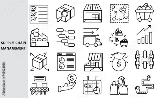 Supply chain management,  management in production and service systems and management mechanisms. ,Set of line icons for business ,Outline symbol collection.,Vector illustration. Editable stroke