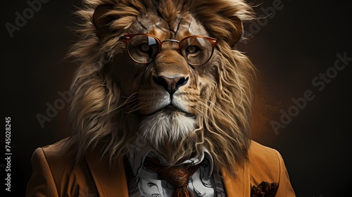 A stylish lion exudes confidence in a tailored suit and trendy eyeglasses. Against a solid background  it commands attention with its modern fashion choices and regal presence