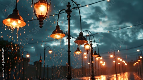 minimalist rain sky composition with generous copy space, illuminated by the warm and golden tones of city street lamps, portraying a serene and enchanting urban rainfall photo