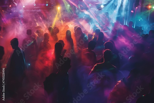 Concert crowd dancing colorful in nightclub photo