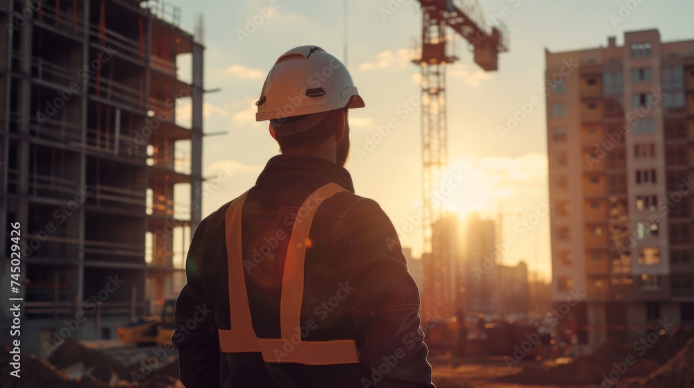 An engineer wearing a safety helmet working on a construction site
