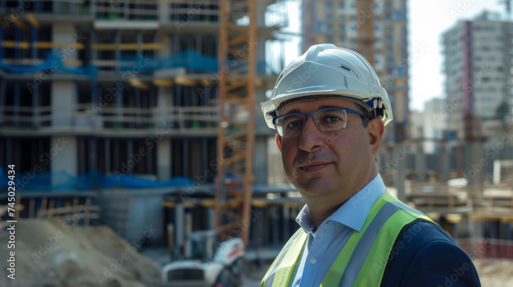 An engineer wearing a safety helmet working on a construction site
An engineer wearing a safety helmet working on a construction site