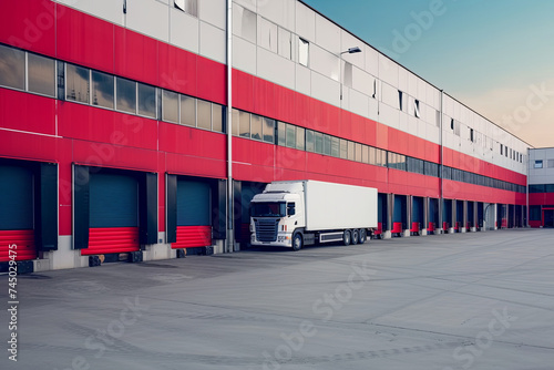 A truck parked in front of an industrial logistics building