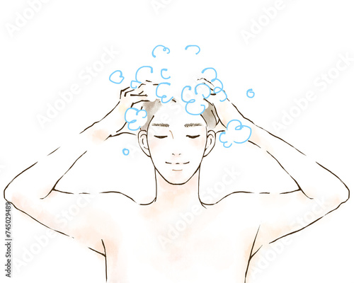 シャンプーする男性のイラスト　頭皮マッサージ　育毛