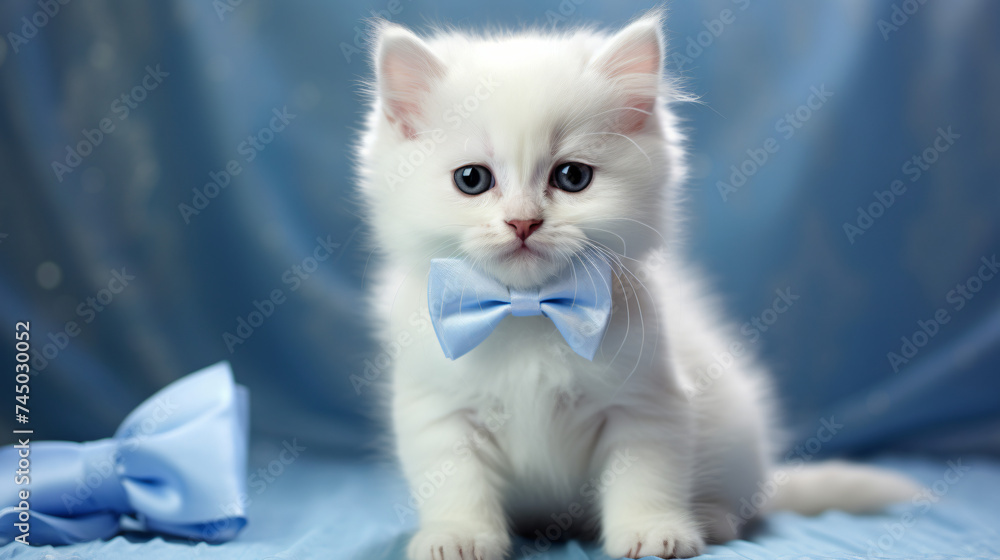 Dapper White Kitten in Blue Bow tie and Shirt
