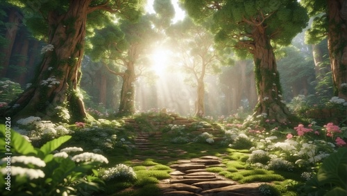 Wallpaper Mural illustration of beautiful green forest scenery in the morning made by AI generative Torontodigital.ca