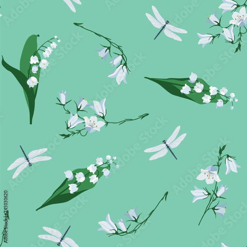 Seamless summer pattern with campanula, lily of the valley and dragonflies