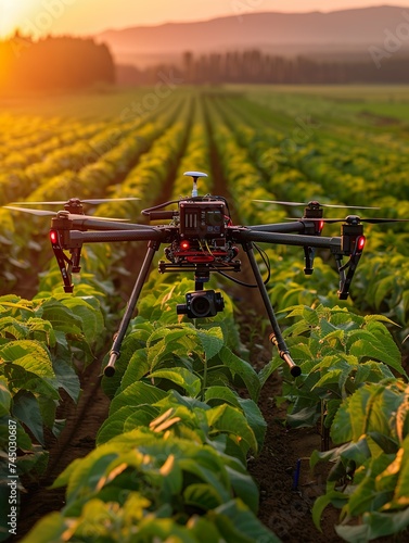 Flying drones applying pesticides in agriculture fields mark an advancement in modern farming techniques