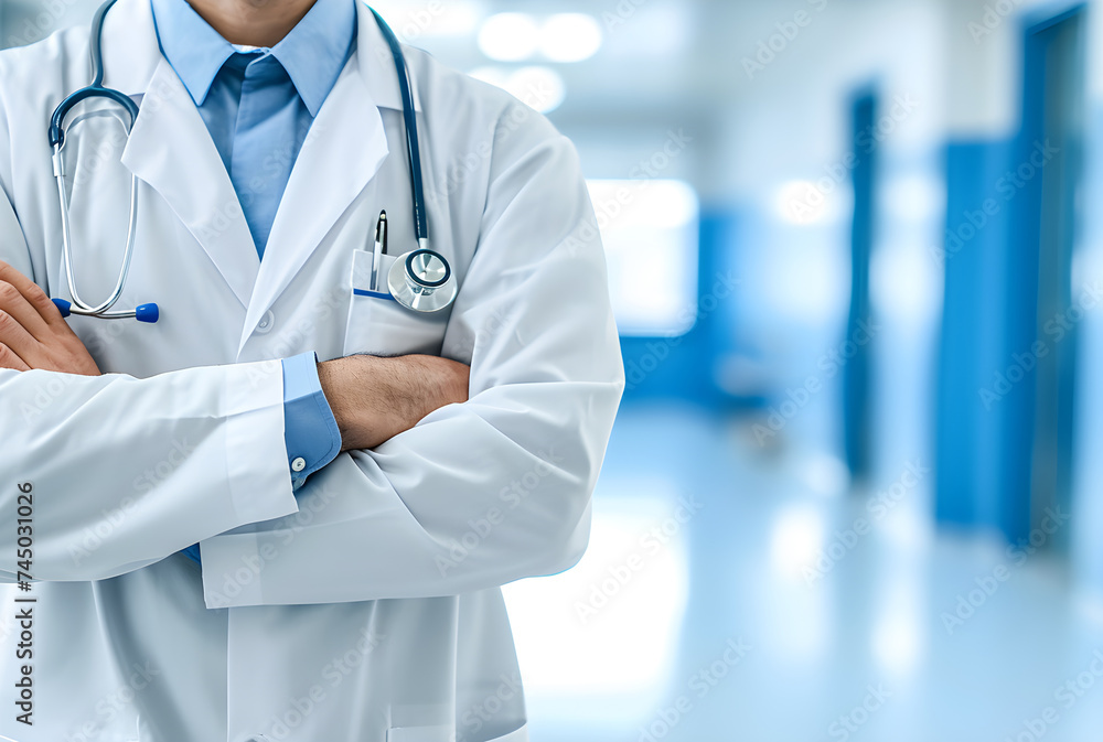 The doctor stood with his arms crossed over his chest and a stethoscope with copy space,In the background is a bright blue hospital. The doctor stood with his arms crossed over his chest and a stethoscope with copy space,In the background is a bright blue hospital.