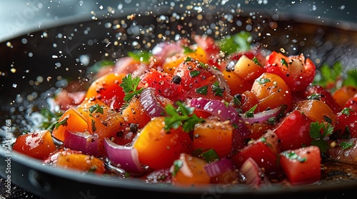 Colorful peppers, onions, and spices gracefully soaring out of a skillet, capturing the essence of