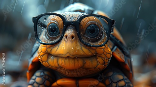 A giggly cartoon turtle wearing oval glasses, its slow and steady demeanor contrasted with an ador photo