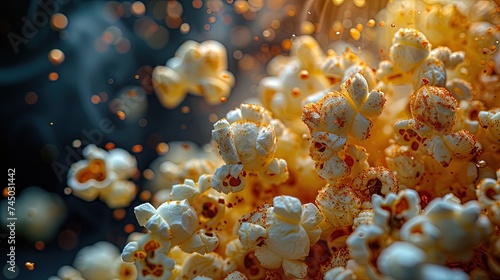 A dynamic composition of seasoned popcorn kernels flying out of a pan, conveying the excitement of