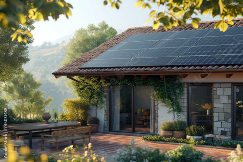 New suburban house with a photovoltaic system on the roof. Modern eco friendly passive house with landscaped yard. Solar panels on the gable roof