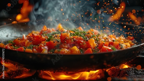 A burst of fragrant herbs and spices erupting from a hot pan, adding a dash of flavor to the culin photo