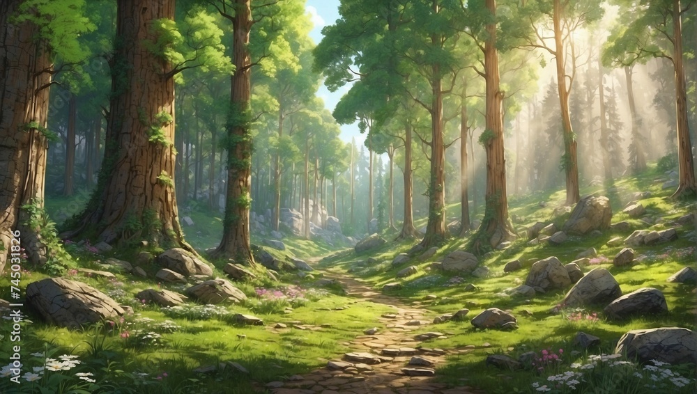 Naklejka premium illustration of beautiful green forest scenery in the morning made by AI generative