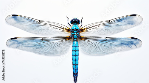 Detailed Close Up of a Vibrant Blue Dragonfly on white background