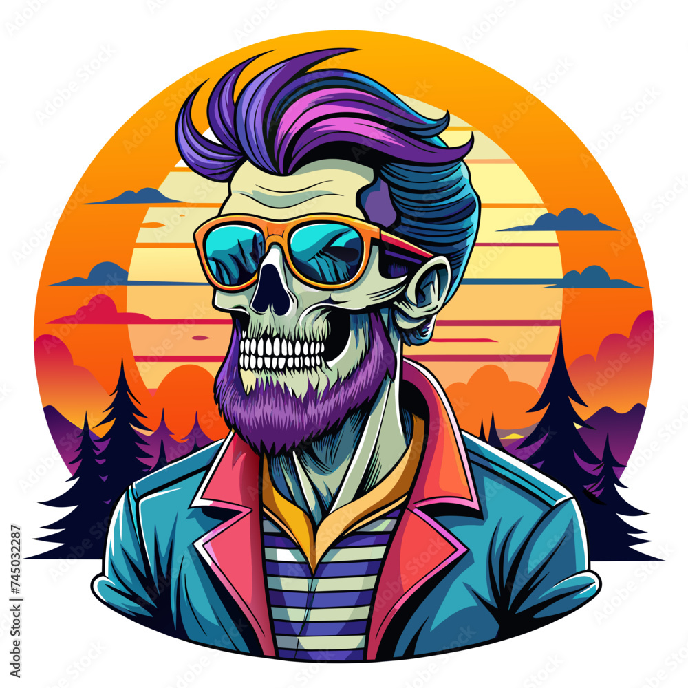 Hipster skull with sunset background