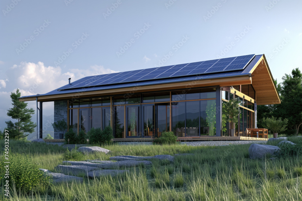 New suburban house with a photovoltaic system on the roof. Modern eco friendly passive house with landscaped yard. Solar panels on the gable roof New suburban house with a photovoltaic system on the roof. Modern eco friendly passive house with landscaped yard. Solar panels on the gable roof