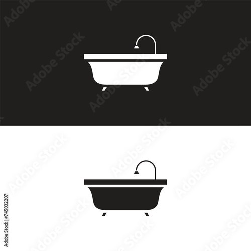 Bathtub with foam bubbles inside and bath yellow rubber duck isolated on blue background. Bath time in flat style vector illustration