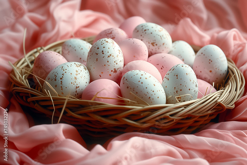 gold decorated white and pink Easter eggs in wicker basket close-up on pink background. Easter card