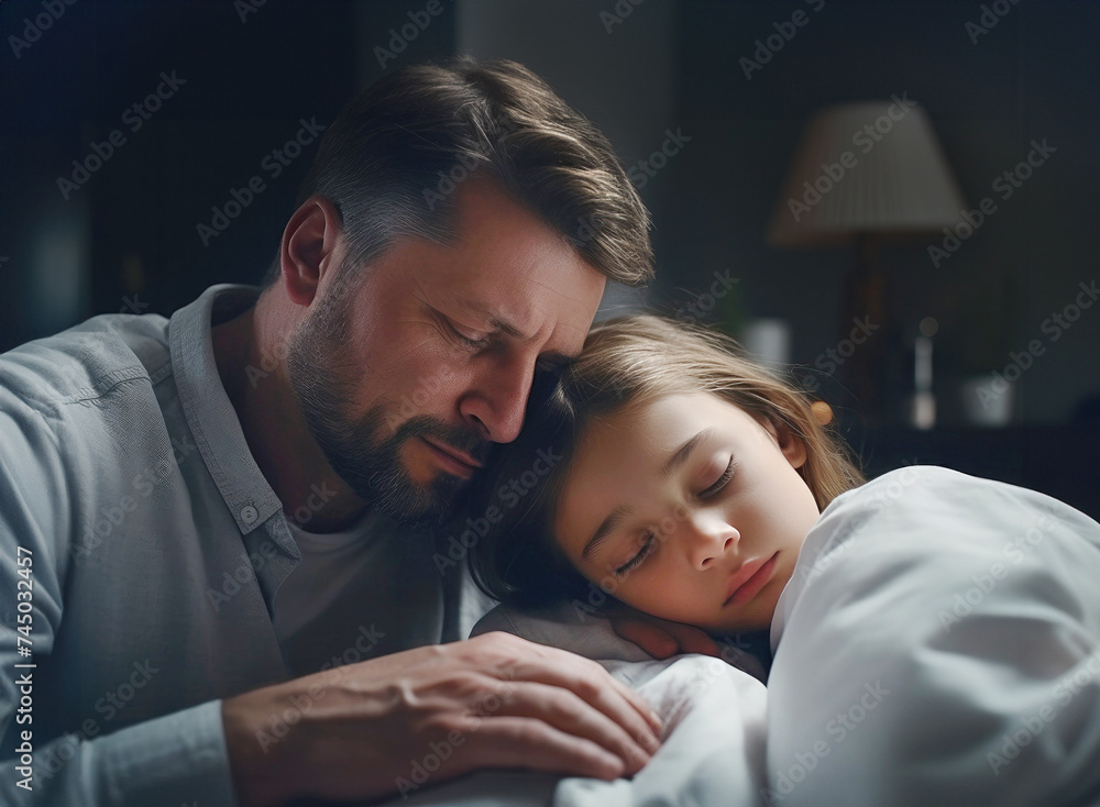 Father caring for a sick child at home Father caring for a sick child at home
