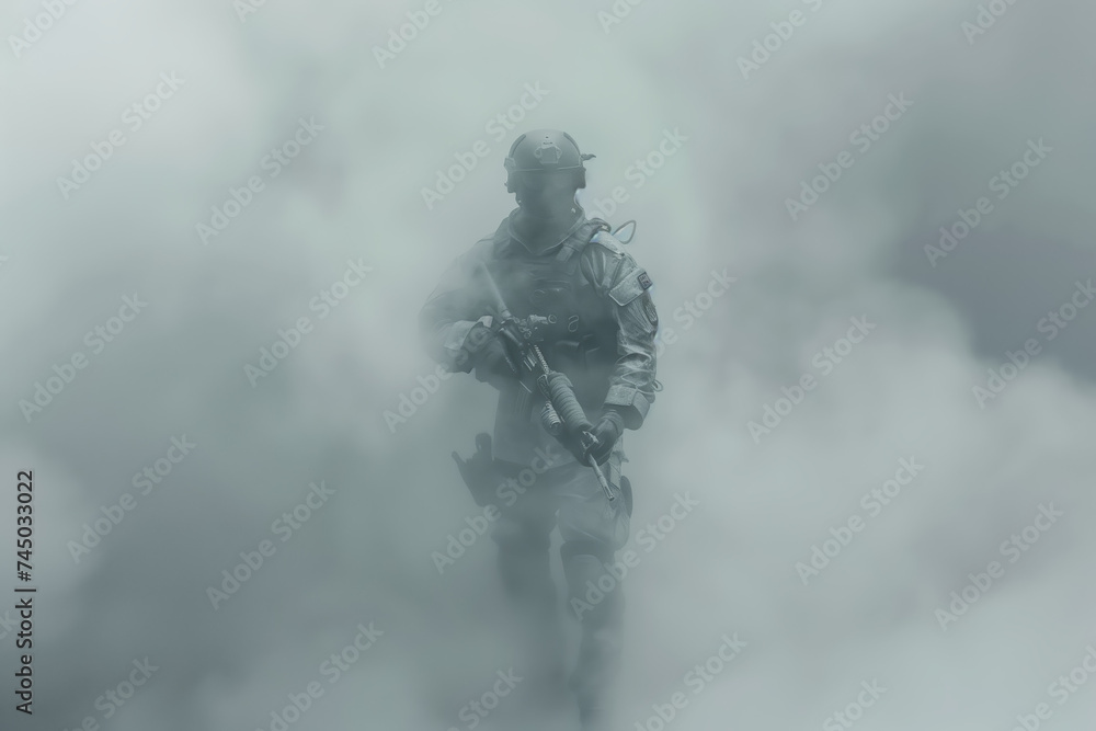 Naklejka premium Soldier in Combat Gear Advancing Through Smoke. A soldier in full combat gear moves through dense smoke, symbolizing bravery and the fog of war.