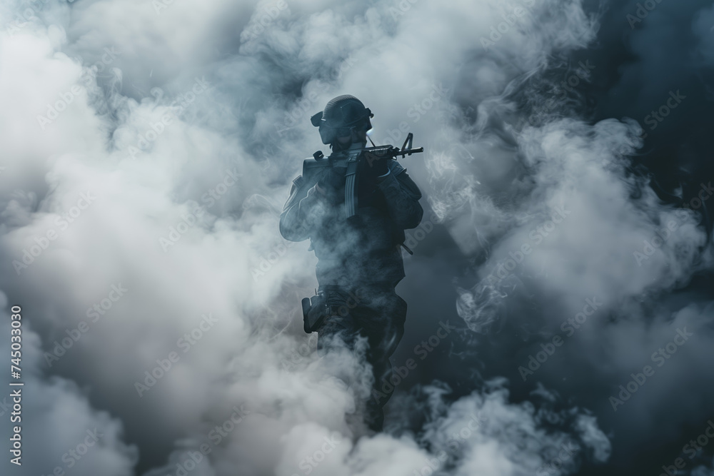 Warrior Amidst the Mist. Soldier in combat gear hidden in swirling smoke