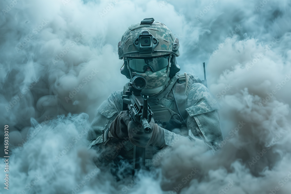 Focused Special Operative in Mist. Camouflaged operative with tactical equipment in smoke Focused Special Operative in Mist. Camouflaged operative with tactical equipment in smoke