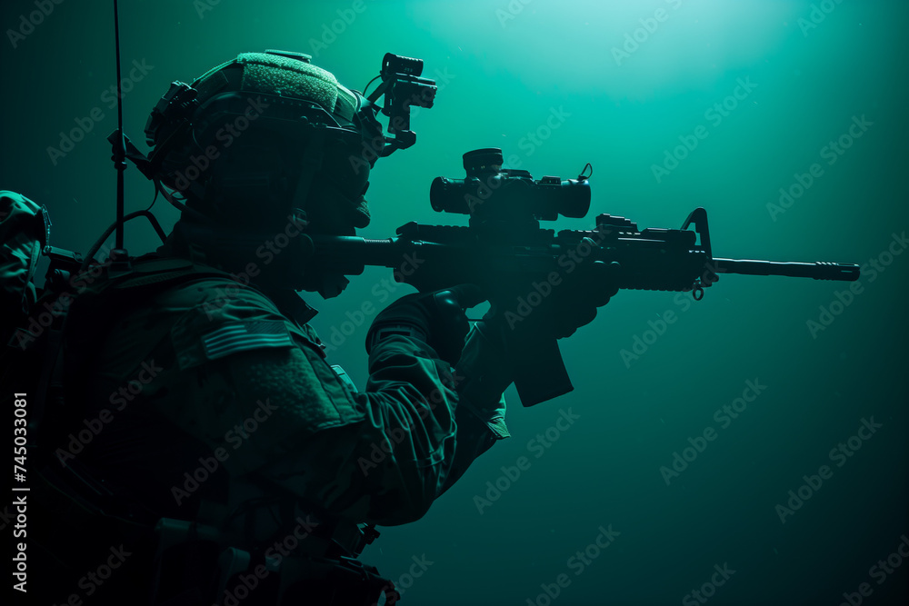 Silhouetted Soldier Aiming Sniper Rifle. Silhouette of a focused soldier aiming a sniper rifle against a monochromatic background, highlighting precision and skill. - obrazy, fototapety, plakaty 