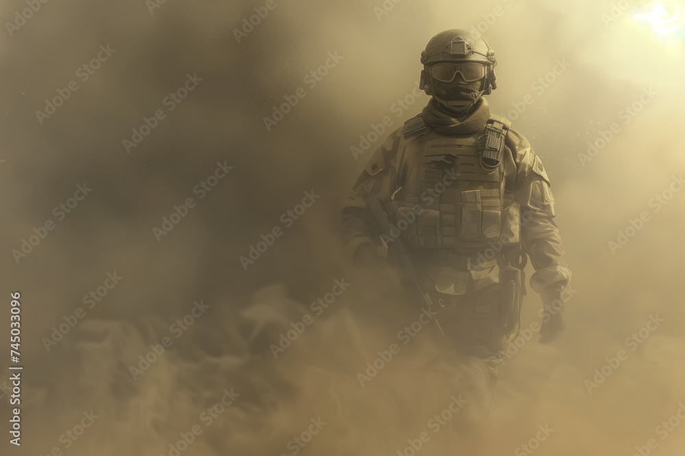 Soldier Emerging from Dust. Special ops soldier in full gear amidst a dusty backdrop