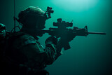 Silhouetted Soldier Aiming Sniper Rifle. Silhouette of a focused soldier aiming a sniper rifle against a monochromatic background, highlighting precision and skill.
