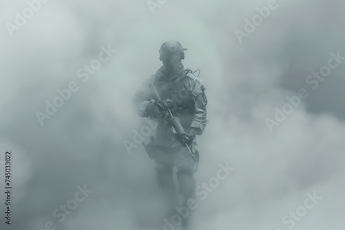 Soldier in Combat Gear Advancing Through Smoke. A soldier in full combat gear moves through dense smoke, symbolizing bravery and the fog of war. © GustavsMD